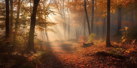 Beautiful autumn deciduous forest with sunbeams and light fog. Generative AI