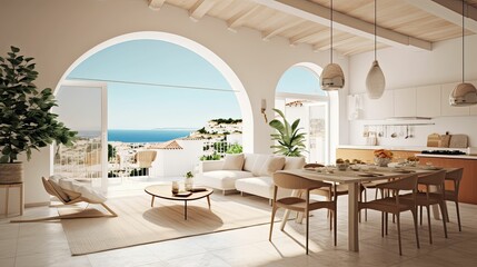 Fototapeta na wymiar Mediterranean-inspired living room and dining room design space with modern furniture and indoor plants. Open plan, sea view, Generative AI