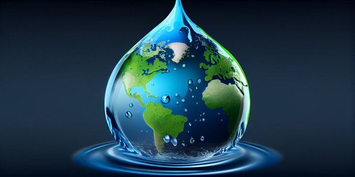 A drop of water with the continents of the planet Earth symbolically depicted right on it, close-up and on a blue background. Generative AI