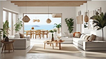 Mediterranean-inspired living room and dining room design space with modern furniture and indoor plants. Open plan, sea view, Generative AI