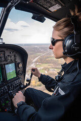 Woman pilot in the cockpit of a helicopter in flight with a view of the city from above, AI generated