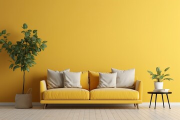 A living room with yellow walls and a yellow couch. AI