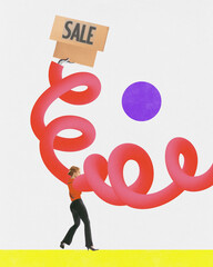 Contemporary art collage. Young woman holding table with word of sale over white background. Price reduction