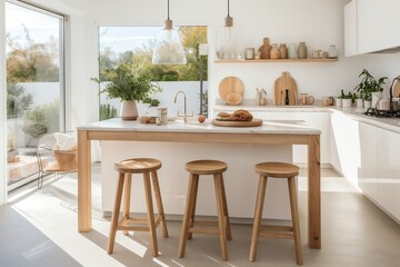 A kitchen with stools next to a counter. AI