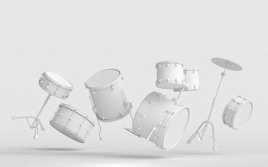 Set of drums and drumset with metal cymbals on monochrome background
