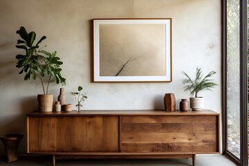 A wooden dresser with a vase on top of it. AI