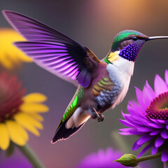 Beautiful ruby throated hummingbird hovering at a sunflower, isolated.