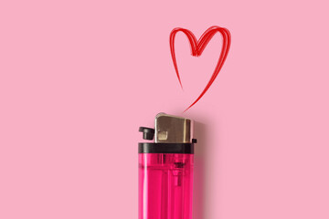 Pink lighter with heart on pink background - Concept of woman and love