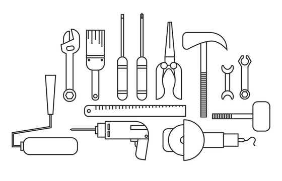 Collection of carpentry tool icons in line art style isolated white background