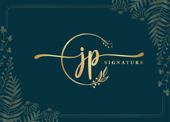 luxury signature initial jp logo design isolated leaf and flower