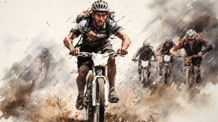 A mountain biker competes in a race, surrounded by other riders.