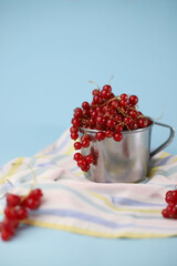 fresh summer sweet and healthy red currant in a tin mug on a pale blue background and with a striped blue cloth napkin next to it. for postcards, flyers, banners, splash screens, stickers, etc.