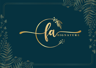 luxury gold signature initial fa logo design isolated leaf and flower