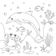 Vector illustration with algae, dolpin, crab and fish, sea floor. Cute square page coloring book for children. Simple funny kid's drawing. Black lines, sketch on a white background.