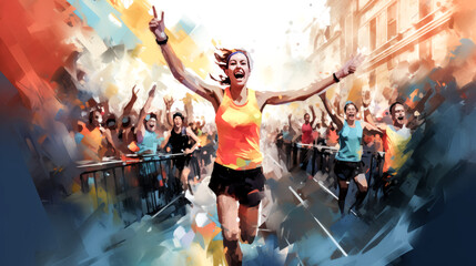 Runners celebrate together after finishing a marathon, smiles on every face.