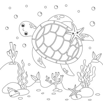 Coloring page. Little cute sea turtle swims underwater with bubbles and smiles. Vector illustration, coloring book for kids. Doodle background. cartoon characters