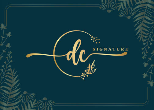 luxury gold signature initial dc logo design isolated leaf and flower