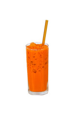 Iced milk tea color orange with crushed ice in glass on tall square with straw brown. Refreshing drink in tropical countries. Isolated on cut out PNG. Old-fashioned tea, popular around world.