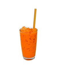 Iced milk tea color orange with crushed ice in glass on tall with straw brown fragrant sweet. isolated on cut out PNG. Old-fashioned tea, popular in Thailand around world.