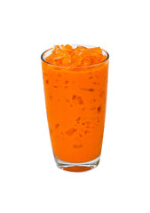 Iced milk tea color orange with crushed ice in glass on tall fragrant sweet. isolated on cut out PNG. Refreshing drink in tropical countries. Old-fashioned tea, popular in Thailand around world. 