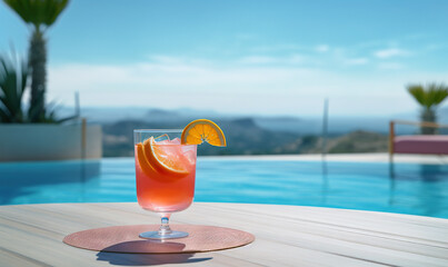  a drink sitting on top of a wooden table next to a pool.  generative ai