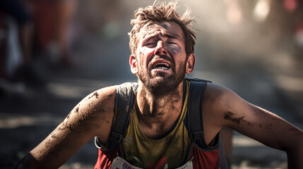 A marathon runner comes in last, exhausted from the race.