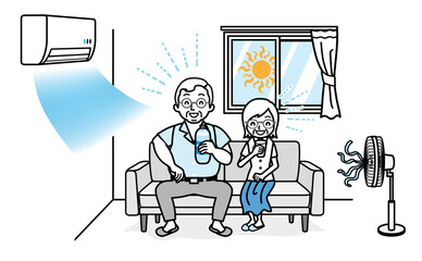 エアコンの効いたリビングルームで水分補給するシニアカップル　線画