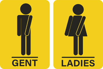 Printable set of yellow black square rectangle sign for men and women or ladies and gent for template restroom, WC, toilet or sexual icon with illustration gestures hand hold pee