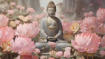 Buddha Statue beautiful background wallpaper design, Buddism, Buddist Asian, religion, Generative AI