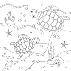Vector illustration with algae, turtle and fish, sea floor. Cute square page coloring book for children. Simple funny kids drawing. Black lines, sketch on a white background.