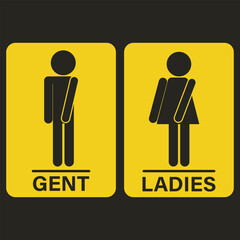 Printable set of yellow black square rectangle sign for men and women or ladies and gent for template restroom, WC, toilet or sexual icon with illustration gestures hand hold pee