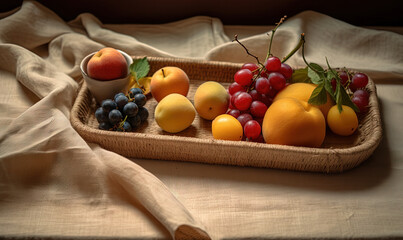  a tray of fruit on a bed with a white sheet.  generative ai