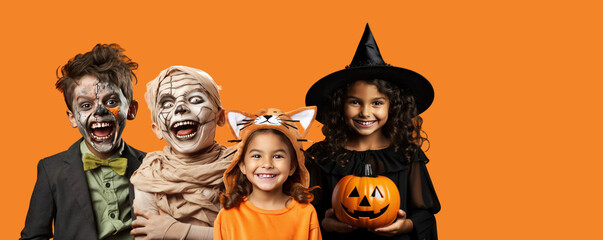 Kids Dressed for  for Halloween on an Orange Banner with Space for Copy - obrazy, fototapety, plakaty