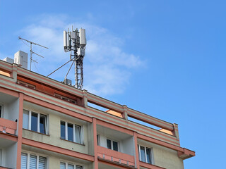 Antenna communication technology. Telecommunication 5G and LTE. The communication tower connects to data. Digital Transformation Internet of Things