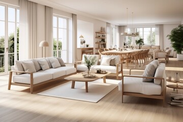 A living room filled with furniture and lots of windows. AI