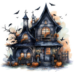 Halloween is a holiday with pumpkins and haunted houses. Watercolor illustration AI Genrative