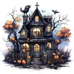 Fototapeta na wymiar Halloween is a holiday with pumpkins and haunted houses. Watercolor illustration AI Genrative