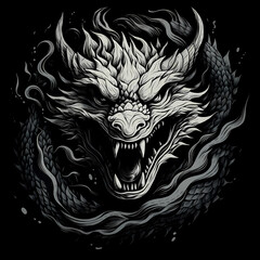 dragon head black and white tattoo illustration