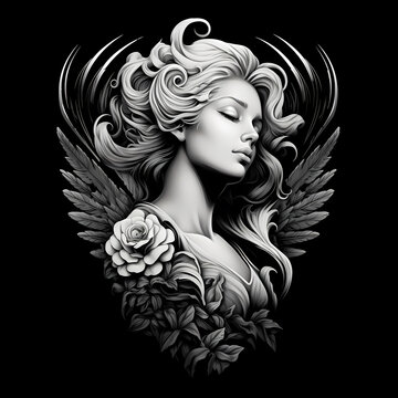 portrait of a girl with wings tattoo illustration
