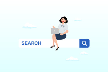 Woman working with computer laptop on search box with magnifying glass button, search box, SEO search engine optimization or finding website from internet, online job or career opportunity (Vector)