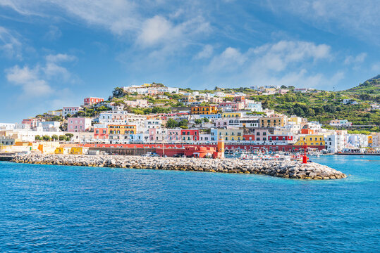 Colourful buildings surrounding the harbour of the fishing village of Ponza on a summer day, Ponza island, Pontine Islands, Latina province, Latium (Lazio)