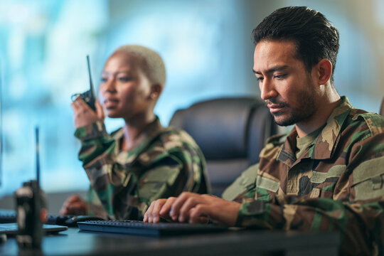 Walkie talkie, working and army team at the station with computer giving directions. Technology, collaboration and soldiers in military room or subdivision with radio devices for war communication.