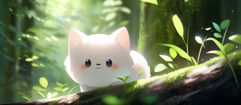 anime style super cute white cat hiding in the tree, chibi animation style illustration. generative AI 