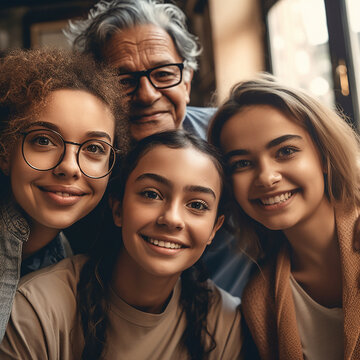 Happy, selfie and portrait of grandparents and children at home in digital art, futuristic app and 3d photo filter. Family, faces and happy people smile for ai generated picture or augmented creative