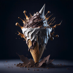 Fototapeta premium Delicious splash ice cream cone design with exploding and liquify chocolate pieces. Isolated sundae on clean background. Illustration for Banner, Invitation, Promo or Poster. Ai Generated.