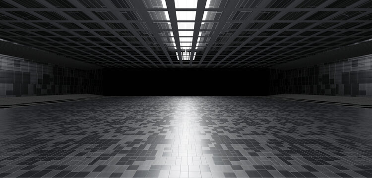 Futuristic modern tunnel showroom Floor and wall pipe technology Futuristic space and Sci Fi Corridor Room Showcase Beam tunnel 3D illustration
