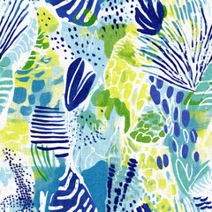 Tropical modern coastal pattern clash fabric coral reef print for summer beach textile designs with a linen cotton effect. Seamless trendy underwater kelp and seaweed repeat background © Nautical