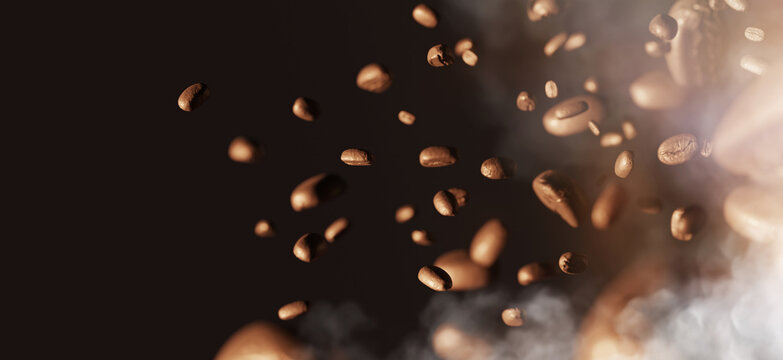 Roasted coffee beans floating in the air aroma freshly roasted coffee with smoke and fire Arabica Robusta 3D illustration