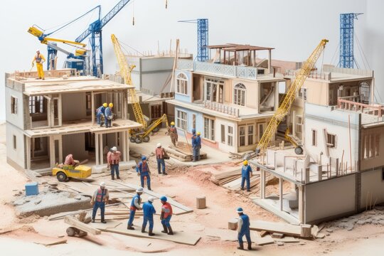Construction of a new house with cranes and workers in the background