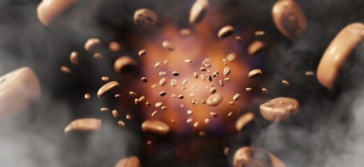 Roasted coffee beans floating in the air aroma freshly roasted coffee with smoke and fire Arabica Robusta 3D illustration